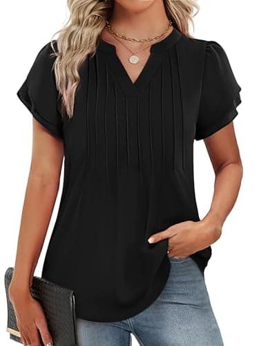 Funlingo Blouses for Women Dressy Casual Ruffle Short Sleeve Black Tops Spring Trendy V Neck Tunic Work Shirt for Business Office 3XL - Image 1