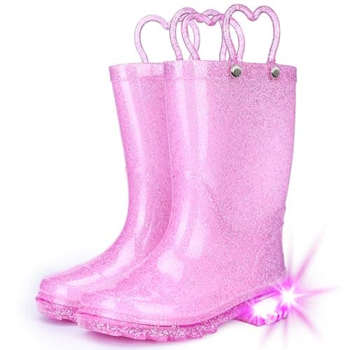 Funspread Girls Rain Boots - Glitter Light Up Kids Rain Boots with Easy-On Handles, Size 2 - Image 1