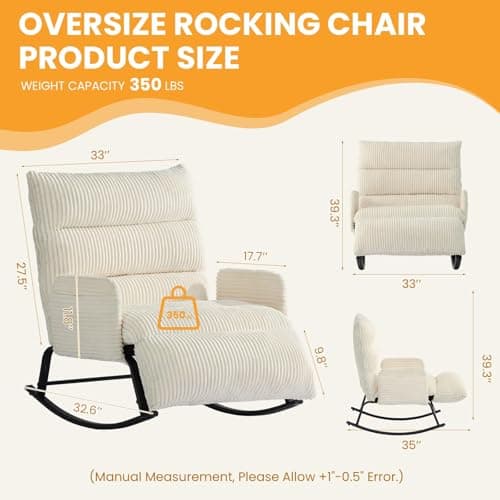 Tykacna Oversized Rocking Chair with Adjustable Backrest and Footrest, Outdoor Reading Chair - Chaise Lounge Chair Indoor, Comfy Corduroy Rocking Chair for Patio, Porch, Balcony, Living Room - Thumbnail 2