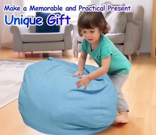 Stuffed Storage Bean Bag (No Filler) Premium Corduroy Ultra Soft Washable Perfect Space-Saving Organizer Adults to Keep Plush Toys More Organized for Lazy Playrooms Blue - Thumbnail 2