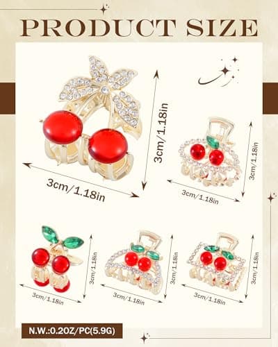 6PCS Rhinestones Cherry Small Hair Clips-Mini Claw Clips for Women, Metal Springs, Cute Hair Accessories for Updo and Half Up Styles (Crystal Cherry) - Thumbnail 3
