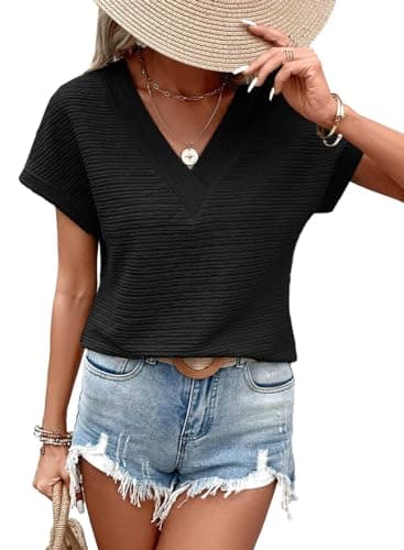 EVALESS Womens 2025 V Neck Cap Short Sleeve T Shirts Fashion Trendy Spring Summer Loose Fitted Plain Cute Textured Tops Casual Tee Blouses Clothes,Black Large - Image 1