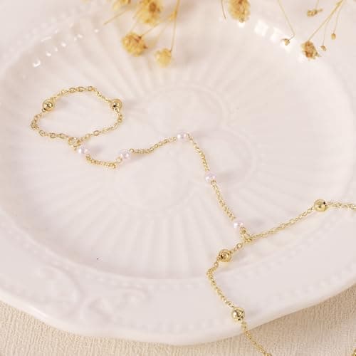 BAYLAY Hand Chain Bracelet, Ring Bracelet Hand Chain 14K Gold Plated Pearl Finger Ring Slave Bracelets Dainty Gold Bracelet for Women Hands Jewelry for Women Summer Essentials Boho Beach Gifts - Thumbnail 5