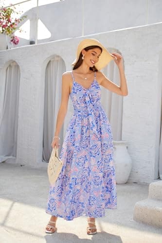 Summer Bohemian Floral Tie Front V Neck Smocked High Waist Long Maxi Swing Beach Party Dresses - Thumbnail 4