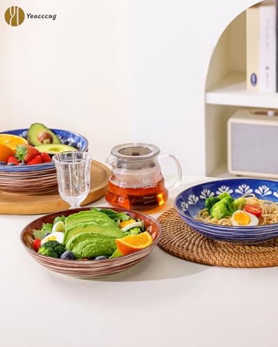 Yeacccng Pasta Bowls Set of 6, 35 Oz Ceramic Large Salad Bowl, 8.5 Inch Colorful Serving Bowls for Kitchen, Dishwasher & Microwave Safe, Scratch-Resistant, Lead-Free (Brown*3 + Blue*3) - Thumbnail 4