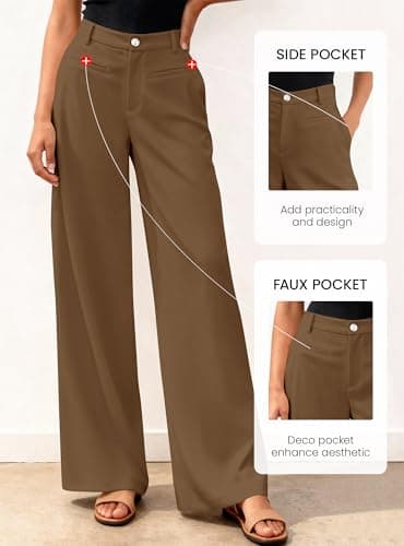 BTFBM Women Wide Leg Pants High Waisted Spring 2026 Business Casual Outfits Slacks Trousers Dressy Palazzo Pants Pockets(Brown, Medium) - Thumbnail 4