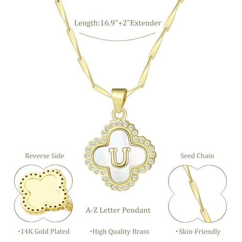 LETFLY Four Leaf Clover Initial Necklaces for Women, 14K Gold Plated Natural Shells Clover Letter Pendant, Alphabets U Necklace Jewelry Gifts for Women - Thumbnail 5