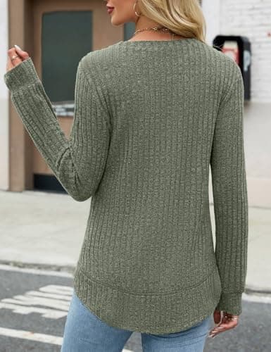 JUSTFASHIONNOW Womens Sweaters Trendy Lightweight Casual Long Sleeve Shirts 2025 Crewneck Fall Tunic Tops Loose Fit Dressy (Army Green, Small) - Thumbnail 6