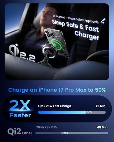 avedio links Qi2.2 25W Wireless Car Charger Magnetic Phone Holder Mount for Magsafe with Cooler for Air Vent, Wireless Fast Charger 25W for iPhone 16-17 Series with iOS 26,15W for iPhone 12-15 (Grey) - Thumbnail 3