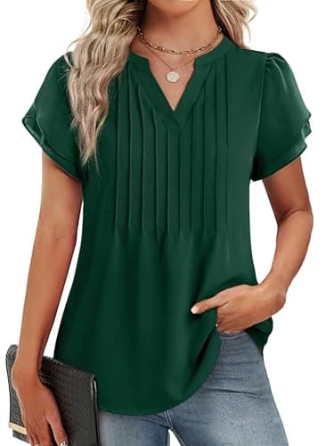 Funlingo Womens Dressy Casual Tops 2026 Petal Sleeve Summer Tunic Blouses Trendy V Neck Office Shirts Professional Clothing Green 2XL - Image 1