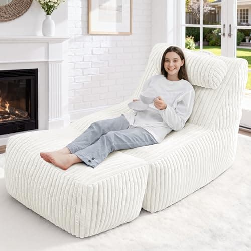 HABUTWAY Giant Bean Bag Chairs for Adults,Big Bean Bag Lounger with Removable Cover,Large BeanBag Chair with Ottoman&Storage Pocket,Memory Foam Filled Bean Bag Sofa for Living Room,Bedroom-Plush Beige - Image 1