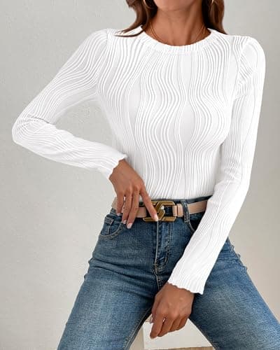 PRETTYGARDEN Women's Tops 2026 Spring Fashion Long Sleeve Crewneck Blouse Fitted Textured Basic Knit T Shirt Y2k Clothes(White,XX-Large) - Thumbnail 3
