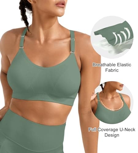 ULTREAGLE Womens Comfortable Sports Bra - Racerback Light Support Padded Yoga Bra Adjustable Spaghetti Strap Workout Bra Tops, Green, S - Thumbnail 5
