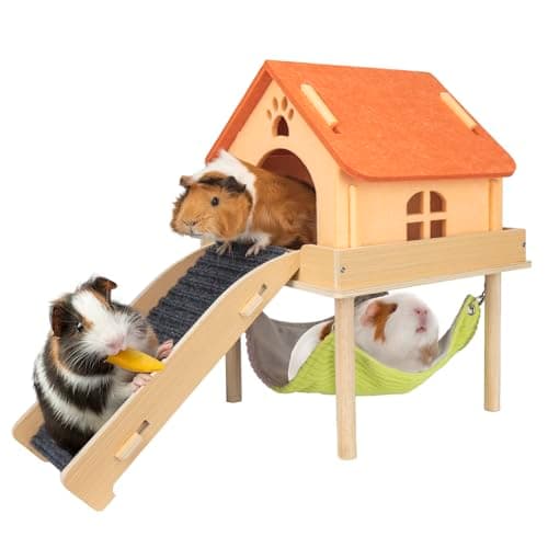 BESNEW 3 in 1 Enlarged Guinea Pig Hammock,Wooden Guinea Pig Hideout with House & Platform & Stairs Small Animal Toys for Hiding Sleeping Activities