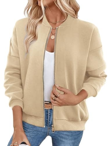 GEMLON Womens Sweatshirt Fall Casual Long Sleeve Tops Crewneck Ribbed Jackets Trendy Clothes with Pockets Apricot XS - Image 1