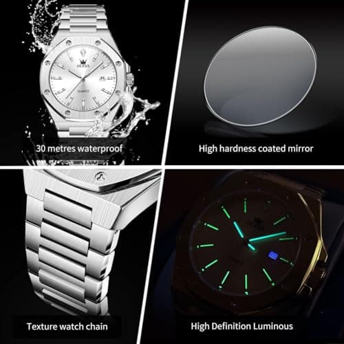 OLEVS Watch Men Luxury Silver Stainless Steel Dress Wrist Analog Quartz Waterproof Watches for Men Fashion Luminous Nice Large Face Minimalist Mens Watches Relojes para Hombres - Thumbnail 6