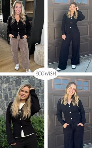 ECOWISH Cardigan Sweaters for Women 2025 Fall Long Sleeve V Neck Button Down Cropped Sweater Winter Ribbed Knit Outwear 475 Black S - Thumbnail 6