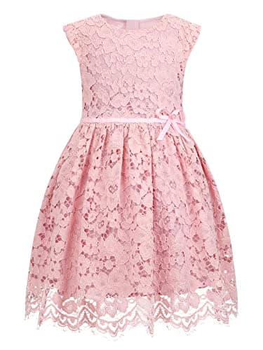 ALLOVIN Girls & Toddlers Sleeveless A-Line Lace Party Dress Birthday Wedding & Flower Girl Dress with Beaded Bowknot | Pink | 2-3T - Image 1