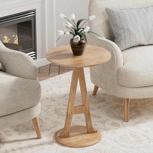 Aoligrace Round End Table, Unique Pedestal Side Table with Letter A Leg, Wooden Accent Tables for Couch, Living Room, Walnut Bedside Drink Table for Small Spaces, Bedroom, Corner, Easy to Assemble - Thumbnail 4