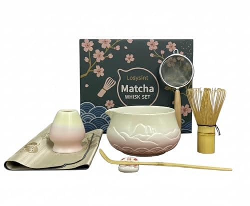 Losyslnt 7 Pcs Matcha Whisk Set - Complete Matcha Kit Set Includes Matcha Bowl with Spout, Bamboo Whisk with Holder, Scoop, Sifter, Scoop Holder, Tea Towel - Ideal Gift for Matcha Lovers (B-Pink) - Image 1