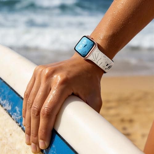 HMFCBFSS Engraved Cute Sea Turtle Band Compatible with Apple Watch Bands for Women Men 38mm 40mm 41mm 42mm, Stylish Two-Tone Floral Soft Silicone Sport Strap Fit iWatch Series 11 10 Se 9 8 7 6 5 4 3 2 1 (Starlight/Black, 38mm/40mm/41mm/(42mm-Series 11 10) - Thumbnail 6