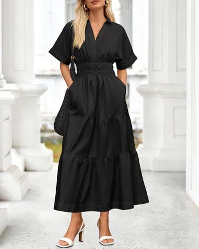 BTFBM Wedding Guest Dresses for Women Beach Fashion Casual Short Sleeve V Neck Solid Spring Summer Boho Maxi Dress (Black,Small) - Thumbnail 2