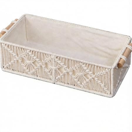 Handcrafted Bohemian Macramé Storage Basket, 13.4"(34cm) L×6.7"(17cm) W×3.9"(10cm) H, Cotton & Solid Wood Handles for Home Organizing, Toiletries, Accessories, Bohemian/Minimalist Decor - Image 1