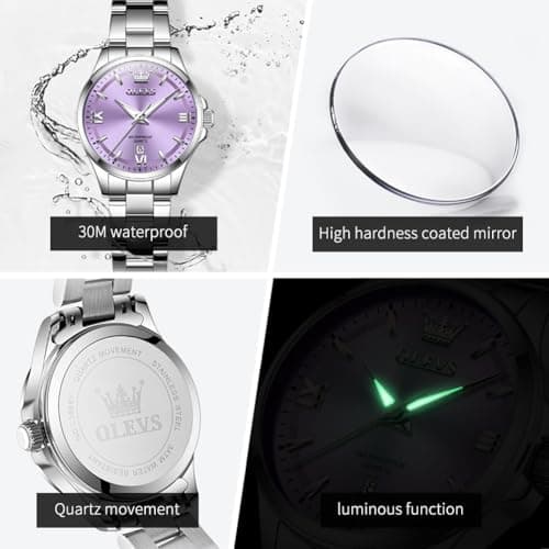 OLEVS Watch Women Luxury Dainty Simple Purple Small Watches for Women Tiny Elegant Vintage Ladies Watch with Date Silver Stainless Steel Waterproof Minimalist Analog Bracelet Women's Wrist Watches - Thumbnail 6