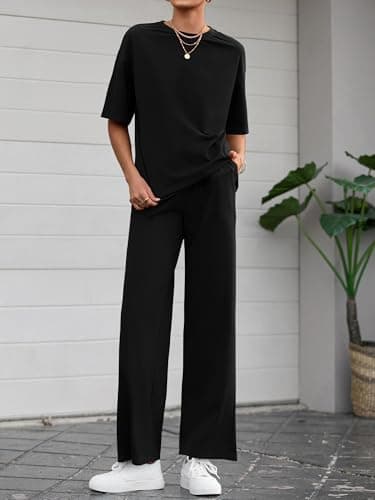 BTFBM Summer Outfits For Women 2026 Two Piece Sets Casual Short Sleeve Spring Tops Wide Leg Pants Matching Lounge Set(Black, XX-Large) - Thumbnail 6