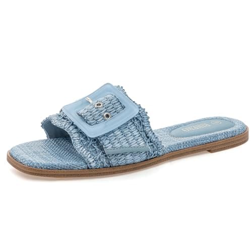Rihero Womens Flat Sandals Raffia Slip On Beach Slides Square Open Toe Comfortable Summer Buckle Woven Blue Slide Sandals Blue Size 8 - Image 1
