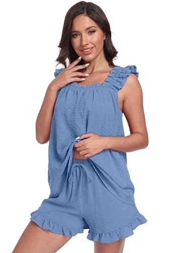 Lepunuo Pajamas 2 Piece Sets Ruffle Square Tank Top Shorts Sleepwear Sets Cute Bridal Pajama Outfits A- Blue - Thumbnail 5