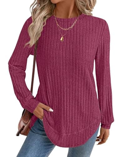 JUSTFASHIONNOW Womens Lightweight Sweaters Fall 2025 Long Sleeve Shirt Christmas Fall Casual Crewneck Tunic Tops Trendy Pullover Winter Outfits (Red, Small) - Image 1