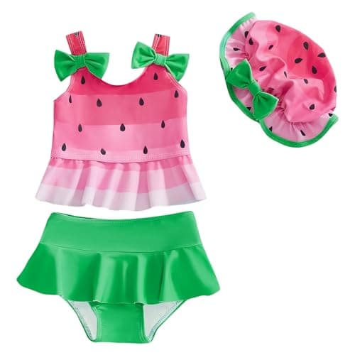DivingBirds Baby Girls Toddler Two-Piece Swimsuit with Hat, Ruffle Bowknot Bathing Suit Swimwear Set Pink and Green for 18-24 Months - Image 1
