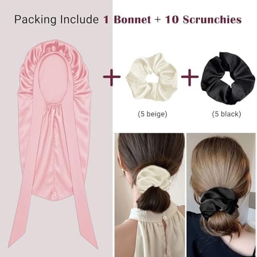 Long Hair Bonnet for Women, XL Silky Satin Sleeping Cap with Tie Band for Braids Curly Hair, Includes 10PCS Scrunchies Pink - Thumbnail 5