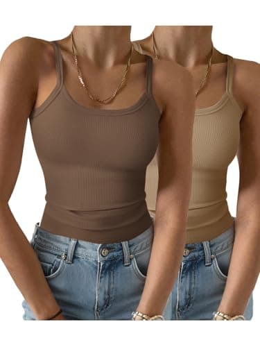 GKBK 2 Pack Womens Sleeveless Tank Top Form Fitting Spaghetti Strap Scoop Neck Ribbed Knit Workout Lounge Basic Slim Fitted Crop Summer 2026 Cami Layering Casual Shirts Brown Khaki XS - Image 1
