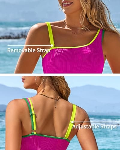 Charmo Cute Slimming 1 Piece Bathing Suit Women 2026 One Shoulder Swimwear Full Coverage Modest Mom Swimsuit Pink XL - Thumbnail 2