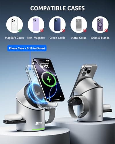 Acer Prime 3 in 1 Charging Station for Apple - Magnetic iPhone Wireless Charging Station, Magsafe Charger Stand for iPhone 17 16 15 14 13 12 - Apple Watch - Airpods Series (Charger & USB-C Included) - Thumbnail 4