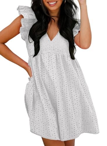 Dokotoo Summer Dresses for Women 2026 Trendy Ruffle Sleeve Sexy V Neck White Dresses Elegant A Line Cut Out Cotton Dress Plus Size Wedding Guest Dress Casual Spring Outifits Small - Image 1