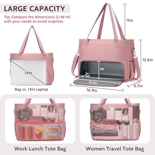 Lunch Tote Bag for Women with 15.6" Laptop Compartment, Work Tote Bag with Insulated Lunch Compartment, Large Casual Canvas Handbag Luncg Bags for Nurse, Teacher, Office, Travel, Beach, Pink - Thumbnail 2