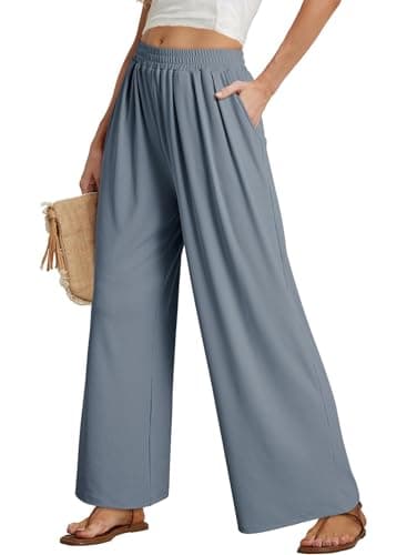 Dokotoo Womens Pants Baggy Wide Leg Lounge Trousers for Women Spring Plus Size Pants Trendy Elastic Waisted 2026 Summer Lightweight Stretch Palazzo Ladies Trousers with Pockets Stone Blue - Image 1