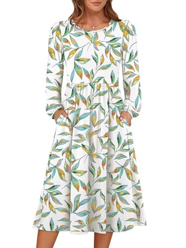 ANRABESS Womens Long Sleeve Floral Midi Dress Crew Neck 2025 Fall Fashion Casual Flowy A-Line Long Dresses with Pockets Vacation Boho Outfits Floral Colorful M - Image 1