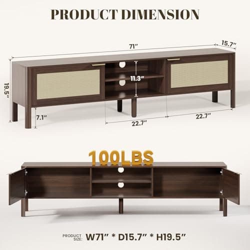 IKALIFE Rattan TV Stand for Living Room - Fits up to 80 Inch TVs, Rattan Media Console Table with Adjustable Shelves & 2 Storage Cabinets, Mid-Century Modern Entertainment Center, Walnut 71" - Thumbnail 2