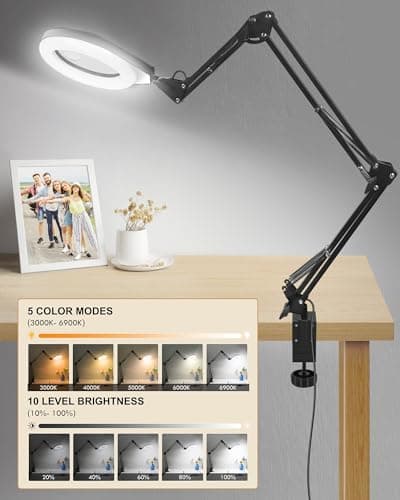 10X & 5X Magnifying Glass with Light, Ultra Long Swing Arm, 5 Colors & 10 Brightness, Real Glass Lens Large Magnifying Lamp for Craft Painting Workbench Jewelry Making Hobby Close Work (Orange) - Thumbnail 5