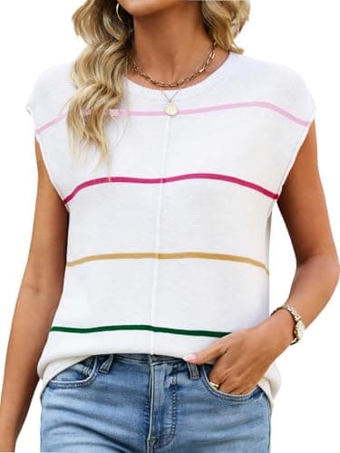 Bellcoco Womens Cap Sleeve Summer Tops Striped Sweater Vest Lightweight Casual Crewneck Loose Knit Pullover Tank Top Beach Vacation Outfits White XL - Image 1