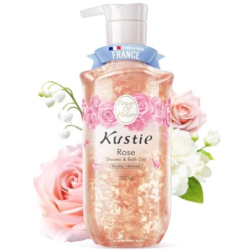 Kustie Rose Floral Body Wash with Real Petals – Botanical Shower Gel with Rose Water & Rose Oil, Luxury Spa Gentle Cleanser for Soft Silky Skin, 12.8 fl oz - Image 1