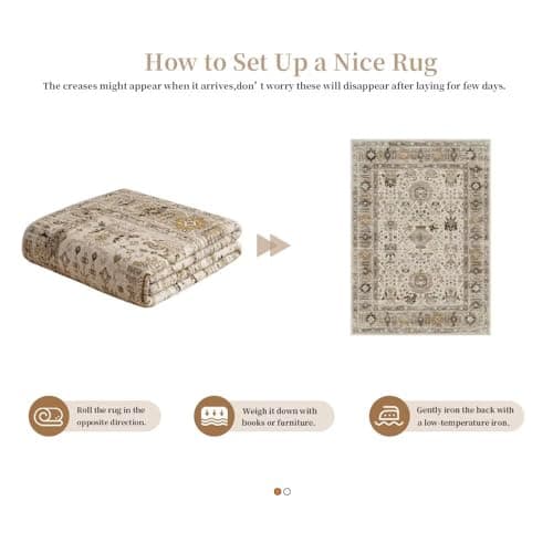 5x7 Area Rug, Short Pile Non-Slip Washable Foldable Floor Mat for Living Room Bedroom Dining Room Kids Room Office, Modern Decorative Carpet in Beige and Yellow - Thumbnail 6