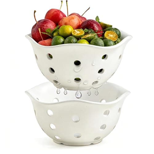 Gomakren Fruit Basket Set of 2, Ceramic Fruit Bowl Berry Basket with Holes, 7.6 Inch Fruit Containers Colander for Fridge - Farmhouse Kitchen Decor, Cream White - Image 1