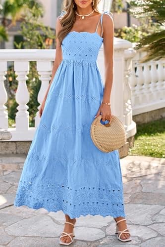 dowerme Womens Summer Maxi Dresses 2026 Casual Spaghetti Strap Smocked Eyelet Cotton Dress Long Beach Vacation Sundress(Light Blue,X-Large) - Thumbnail 2