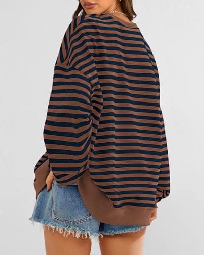 BTFBM Womens Oversized Striped Sweatshirt 2026 Spring Crewneck Long Sleeve Pullover Top Casual Y2K Clothes Workout Shirt(Brown Navy, Medium) - Thumbnail 2