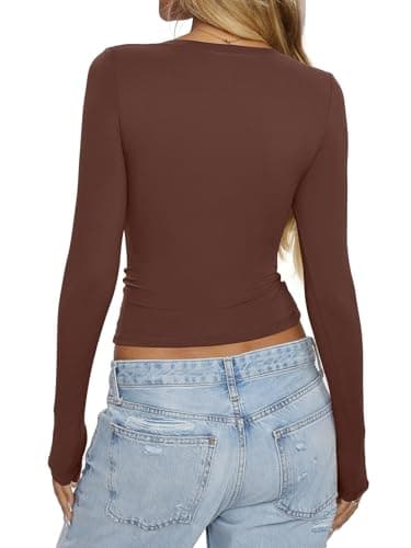 EasyGala Womens Double Lined Scoop Neck Long Sleeve Shirts Fitted Basic Tee Y2k Going Out Tops Fall Clothes Fashion Trendy Stretchy Lightweight Soft T Shirts 2025 Brown X-Small - Thumbnail 6